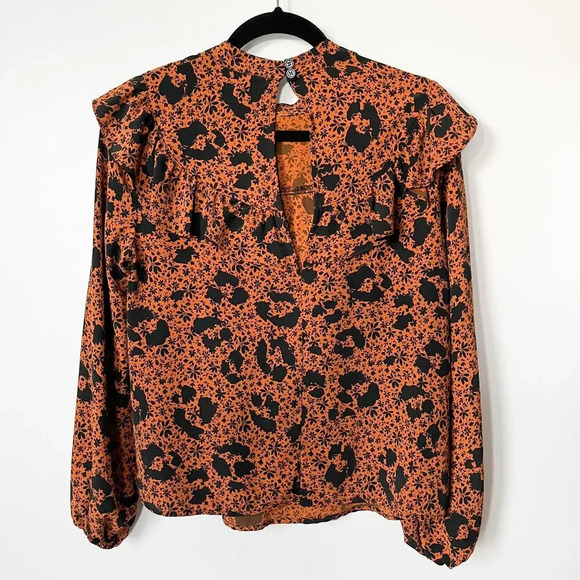 NWT Topshop Rust Brown Black Ruffle Long Sleeve Blouse Top Fall Career Office - Picture 7 of 12